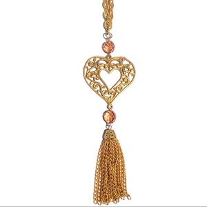 🆕 Lovely Gold Filigree Heart & Peach AB Crystal Beaded Tassel Long Necklace NWT